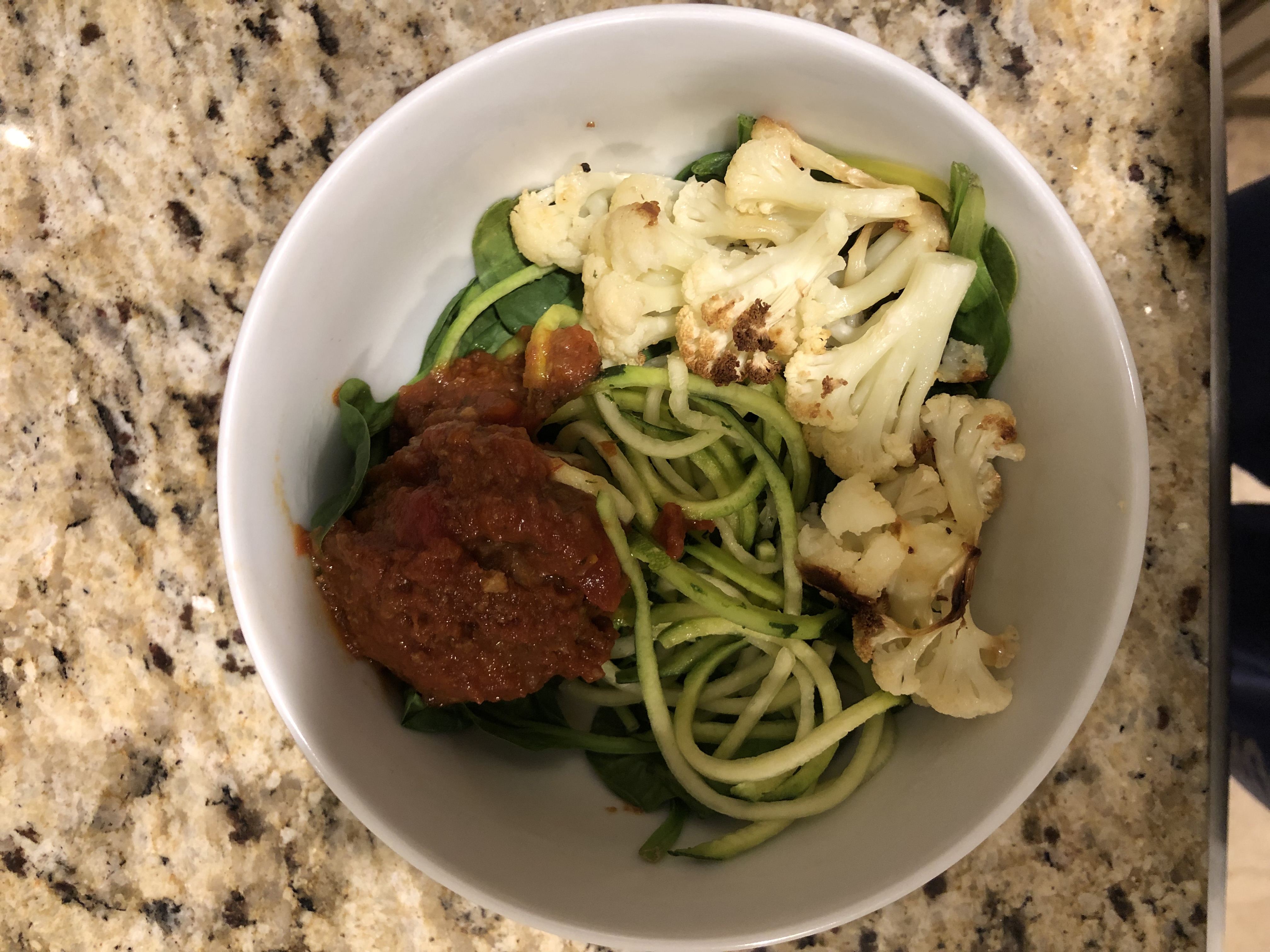 meatballs, cauliflower, zoodles and spinach
